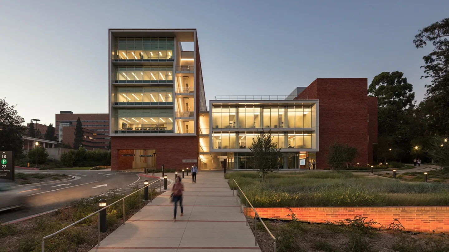 exterior view of David Geffen hall at night time